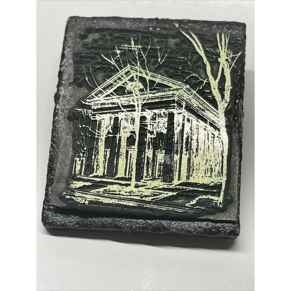 Vintage Handmade Mausoleum Trees Brooch Pin Slate Gold & Black Colored Graveyard